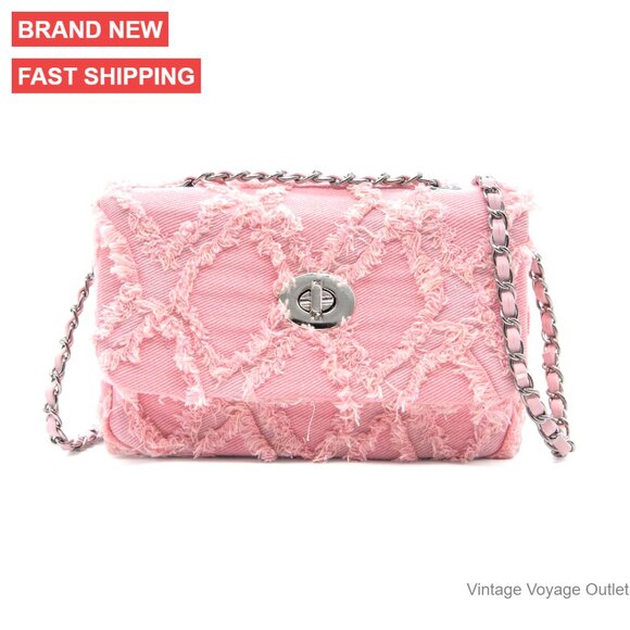 Distressed Denim Clutch with Chain Strap, Tassel Trim, Quilted Pattern, Small